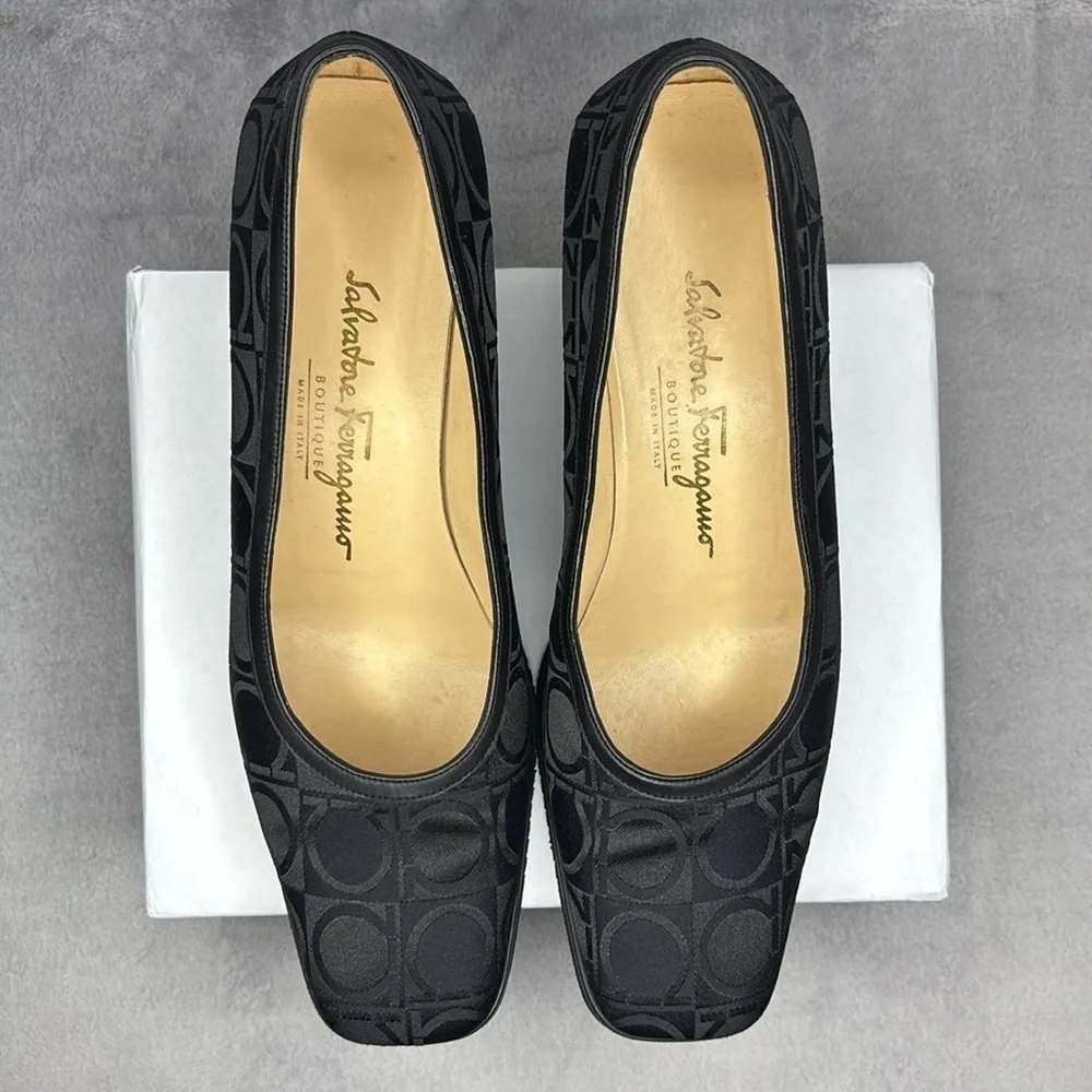 Salvatore Ferragamo Black Gancini Logo Wedge Pumps 9.5B Italy